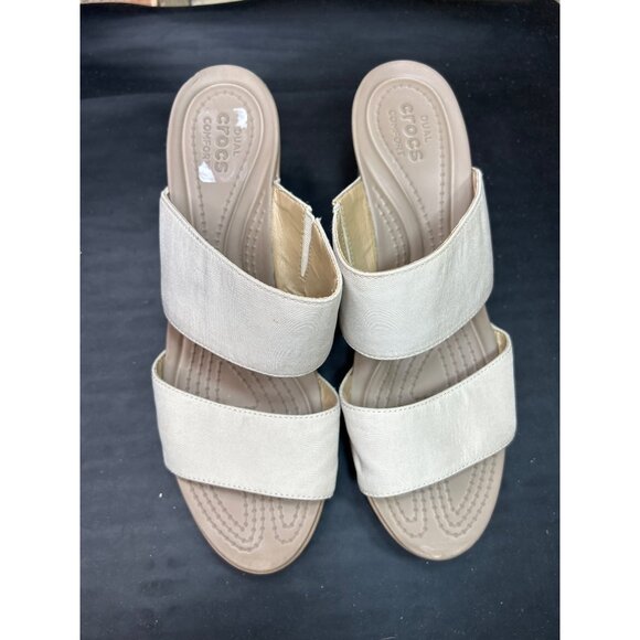 Dual Crocs Comfort Beige Wedge Sandals Size 10 Open Toe Slip-On Womens Shoes - Picture 3 of 8